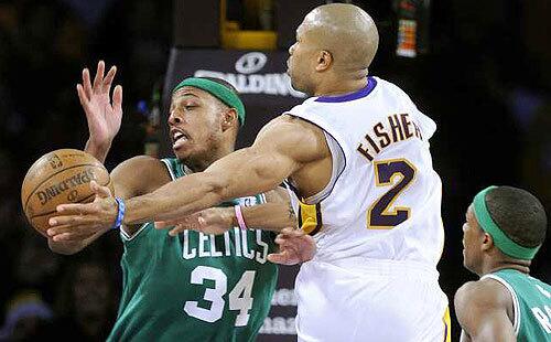 Lakers point guard Derek Fisher avoids the trap of Celtics forward Paul Pierce and guard Rajon Rondo with a mid-air pass on Thursday.