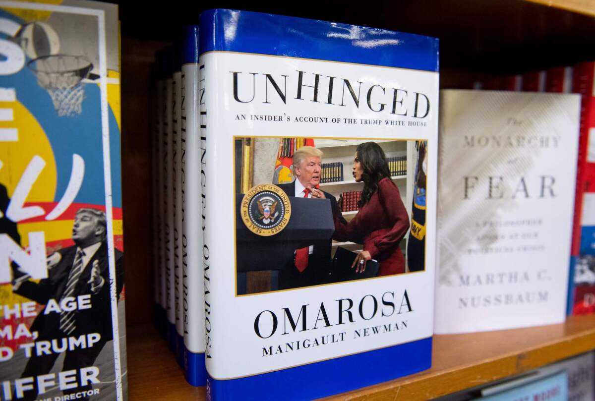 "Unhinged," the new tell-all book by former White House aide Omarosa Manigault Newman, at a Washington, D.C., bookstore Tuesday.