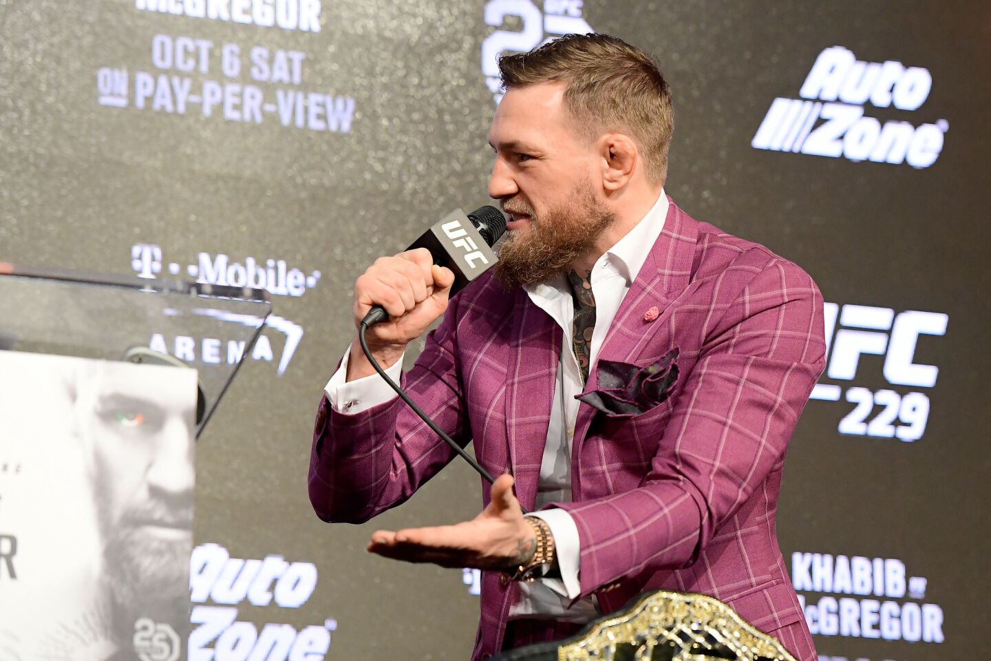NEW YORK, NY - SEPTEMBER 20: Conor McGregor speaks to the media during the UFC 229 Press Conference at Radio City Music Hall on September 20, 2018 in New York City. (Photo by Steven Ryan/Getty Images) ** OUTS - ELSENT, FPG, CM - OUTS * NM, PH, VA if sourced by CT, LA or MoD **