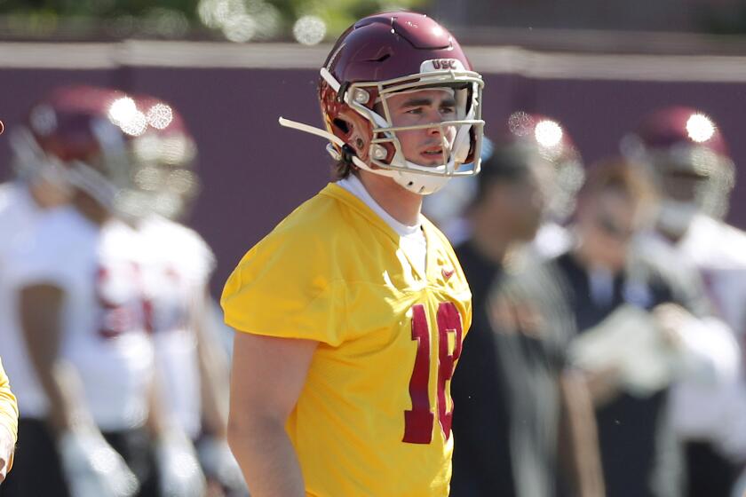 LOS ANGELES, CALIF. - AUG. 2, 2019. Quarterback JT Daniels reports to the opening of training camp at USC on Friday, Aug. 2, 2019. A product of Santa Ana Mater Dei High School, Daniels started for the Trojans last season. (Luis Sinco/Los Angeles Times)