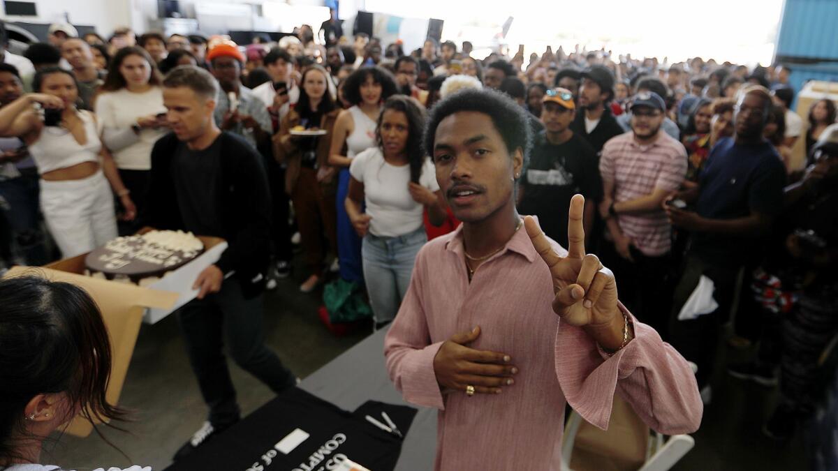 Steve Lacy arrives for a record release party celebrating his first solo album at the Compton Municipal Airport on May 24.