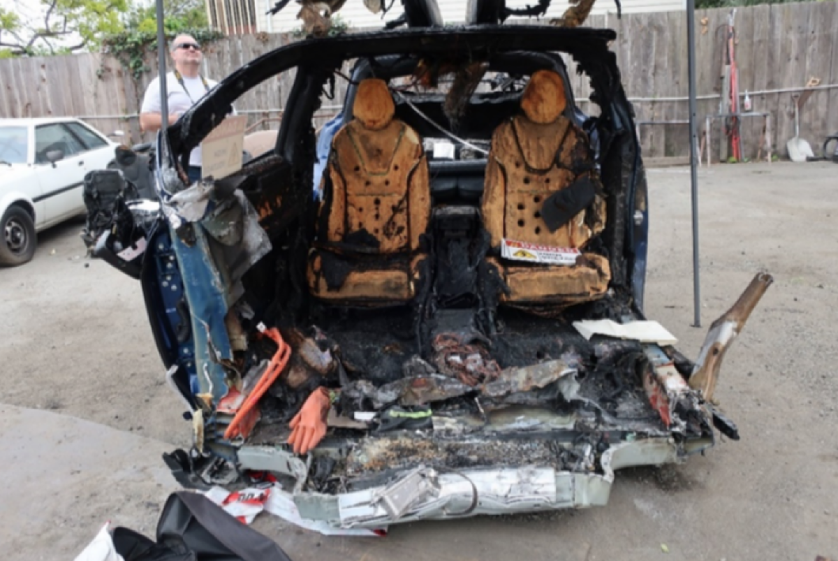 The wreckage of a 2018 Tesla Model X after a fatal crash