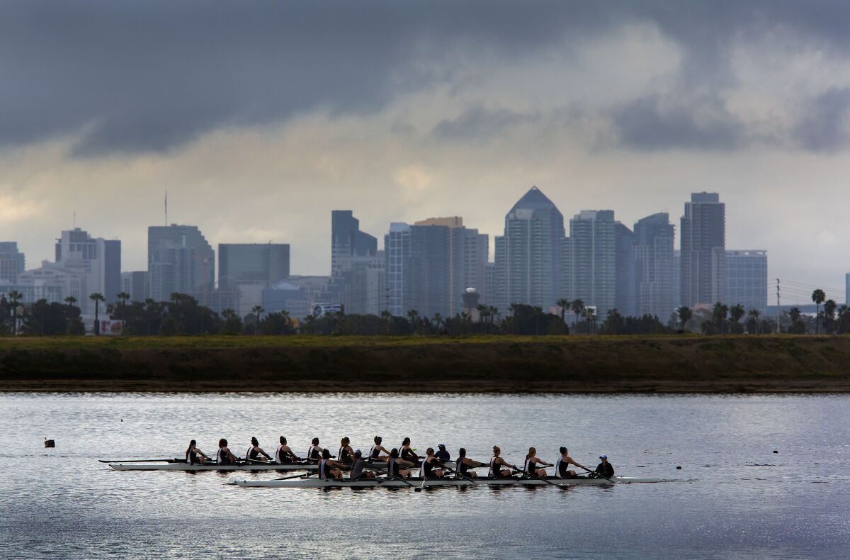 Race participants for the Crew Classic practice on the course in Mission Bay in 2020.