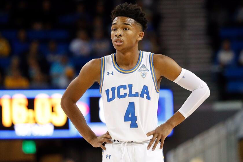 LOS ANGELES, CA - NOVEMBER 15: Jaylen Hands #4 of the UCLA Bruins during the first half of the game against the Central Arkansas Bears at Pauley Pavilion on November 15, 2017 in Los Angeles, California. (Photo by Josh Lefkowitz/Getty Images) ** OUTS - ELSENT, FPG, CM - OUTS * NM, PH, VA if sourced by CT, LA or MoD **