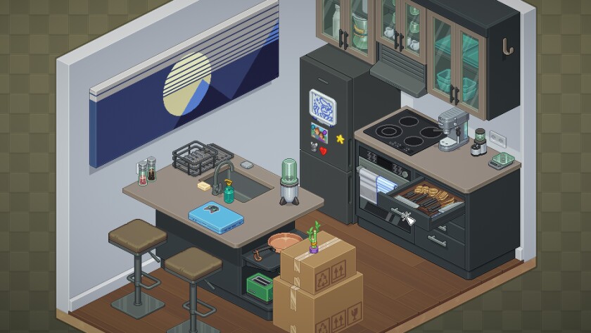 An illustration of a kitchen with a bar with barstools and unopened cardboard boxes. 