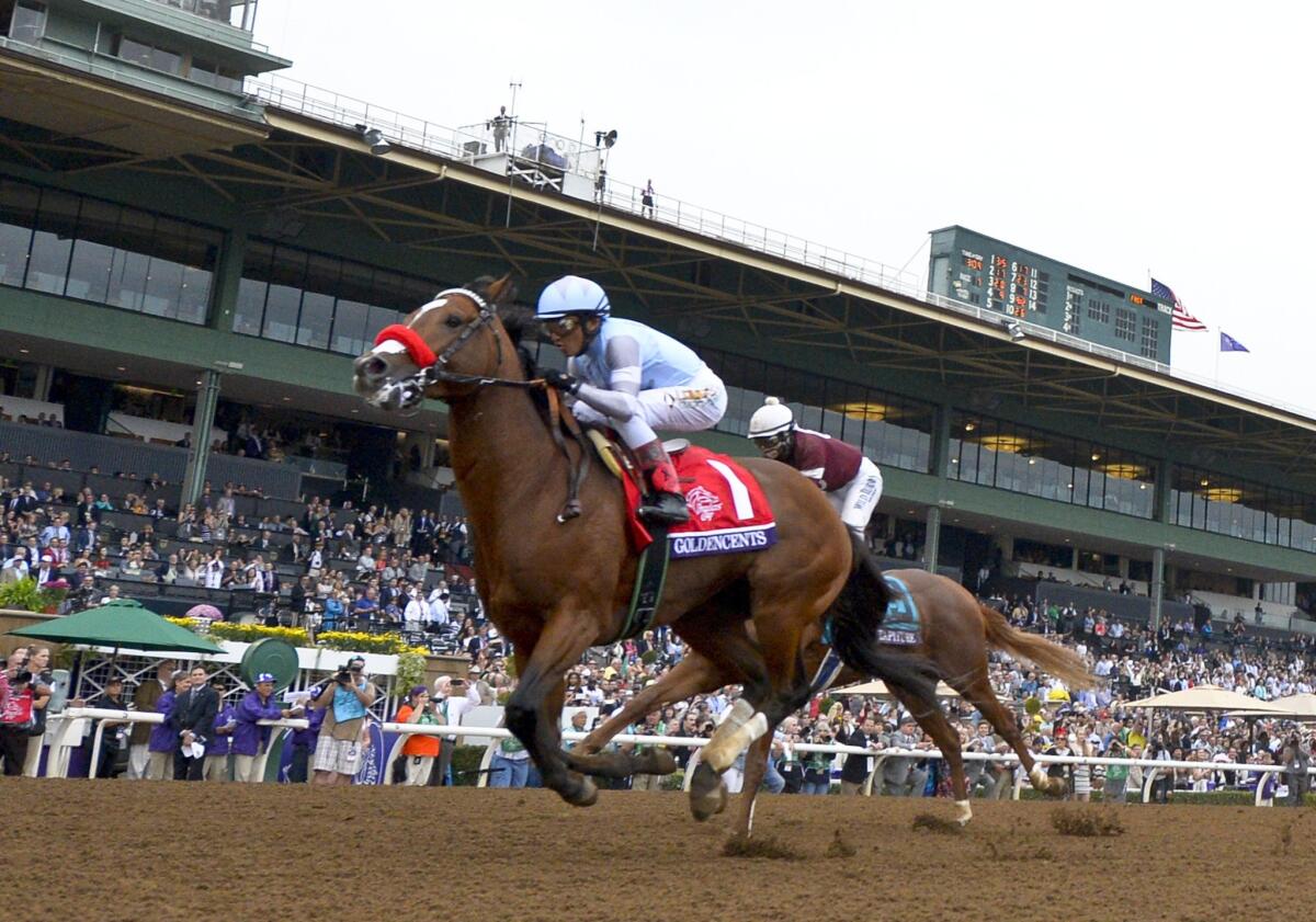 Jockey Rafael Bejarano rides Goldencents to victory in the Breeders' Cup Dirt Mile on Oct. 31.
