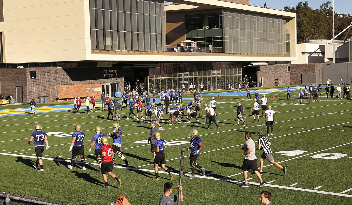 The UCLA football team on Spaulding Field on the campus of UCLA in Westwood.