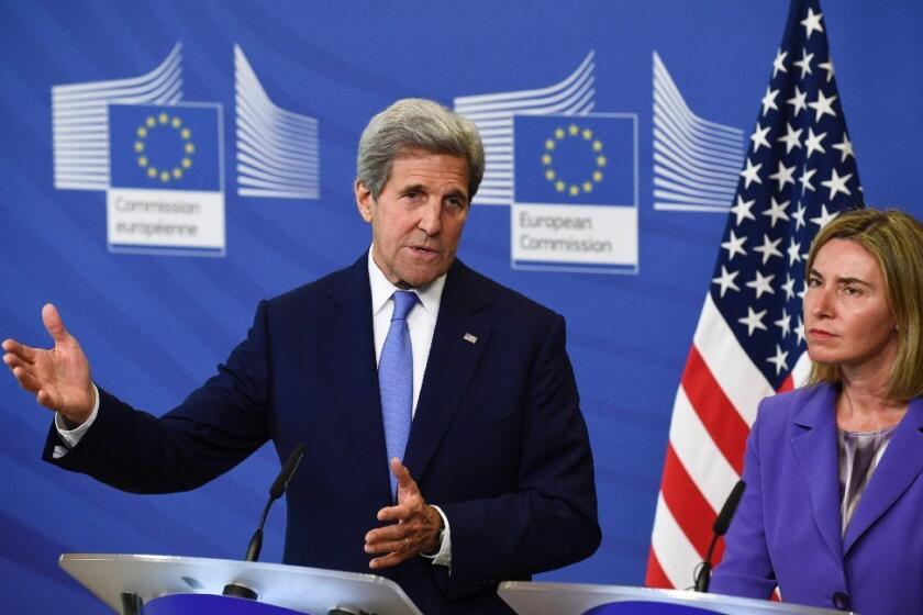 Secretary of State John Kerry and Federica Mogherini, the High Representative of the European Union for Foreign Affairs and Security Policy, speak to reporters Monday in Brussels.