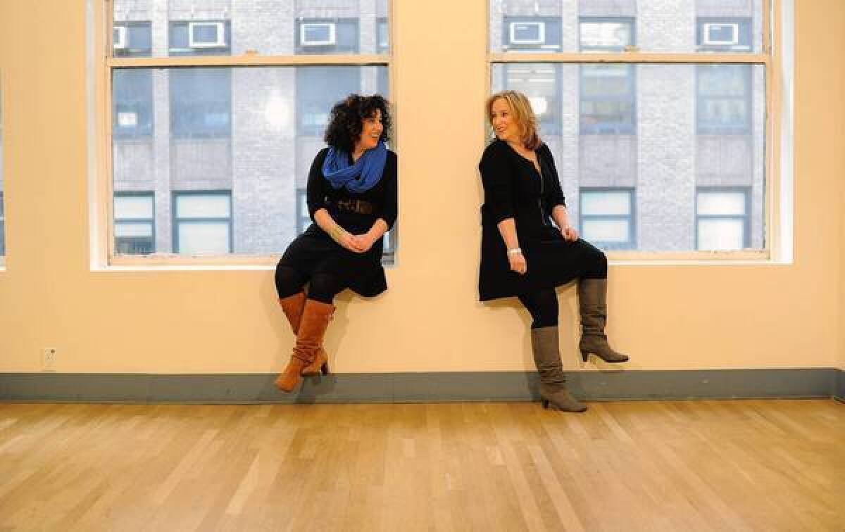 Lyricist Marcy Heisler, left, and composer Zina Goldrich are seen at Pearl Studios in Manhattan, NY.