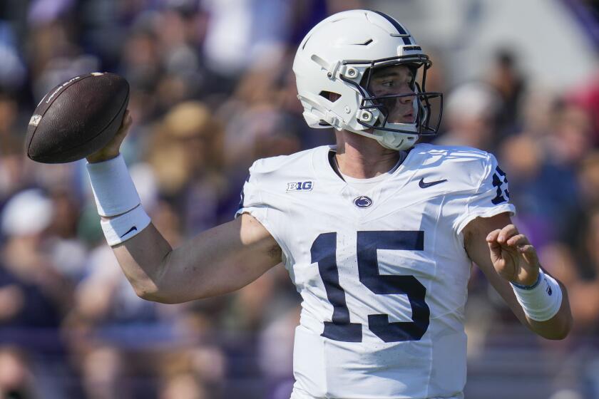 Penn State quarterback Drew Allar passes the ball during the first half of an NCAA college football game against Northwestern, Saturday, Sept. 30, 2023, in Evanston, Ill. (AP Photo/Erin Hooley)