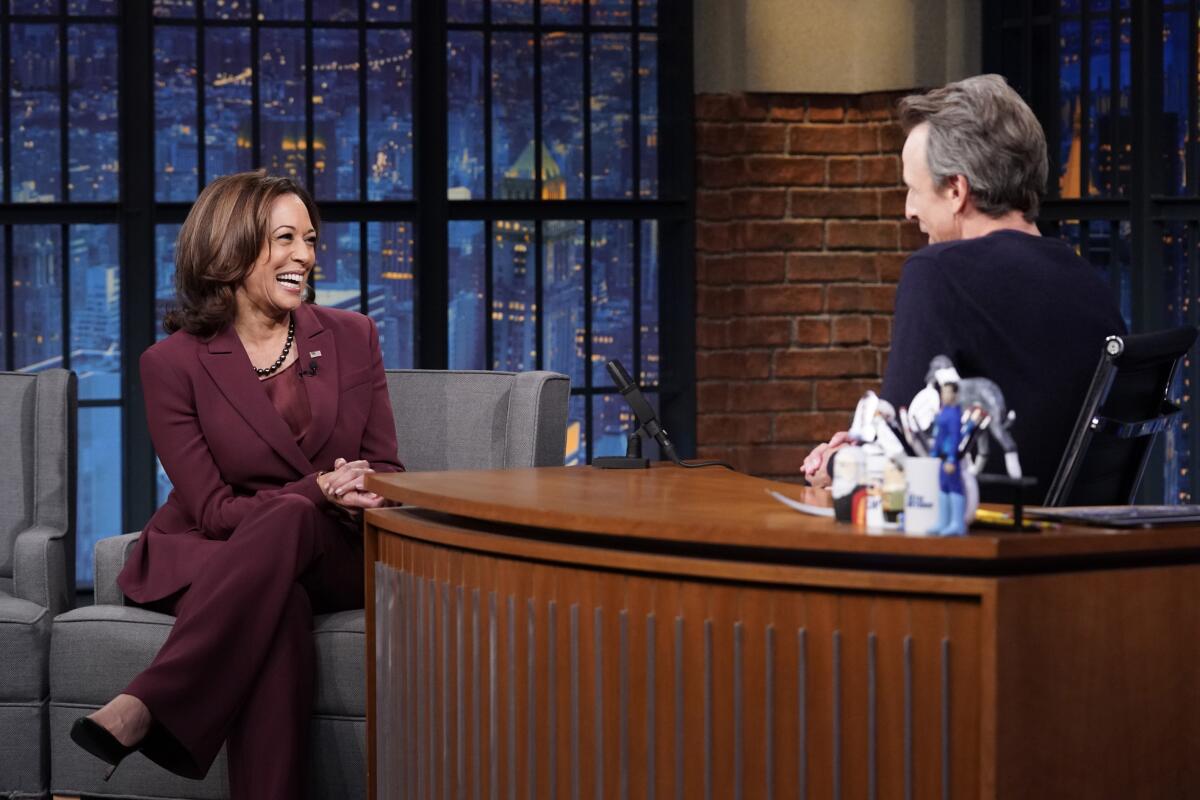 LATE NIGHT WITH SETH MEYERS -- Episode 1343 -- Pictured: (l-r) Vice President Kamala Harris during an interview with host Seth Meyers on October 10, 2022 -- (Photo by: Lloyd Bishop/NBC) via Getty Images)