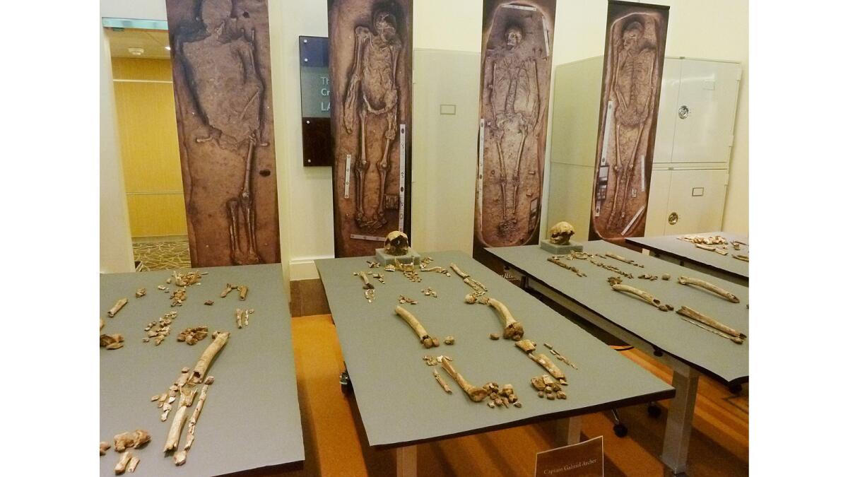 The bones of four of the early leaders of Virginias's Jamestown settlement are displayed at the Smithsonian Institution in Washington.
