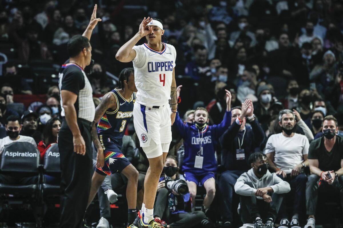 Clippers guard Brandon Boston Jr. celebrates after making a three-pointer.