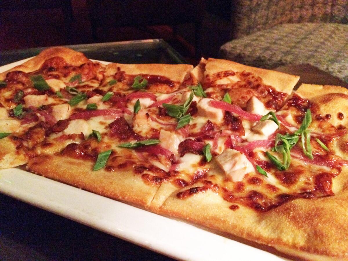 The $7 BBQ chicken flatbread from Salt at iPic theaters in Pasadena.