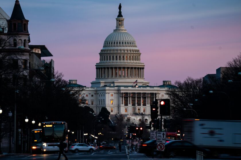 WASHINGTON, DC - FEBRUARY 08: The sunsets over the U.S. Capitol Building on Monday, Feb. 8, 2021 in Washington, DC. The Senate is scheduled to begin the second impeachment trial of former President Donald Trump on Feb. 9. (Kent Nishimura / Los Angeles Times)