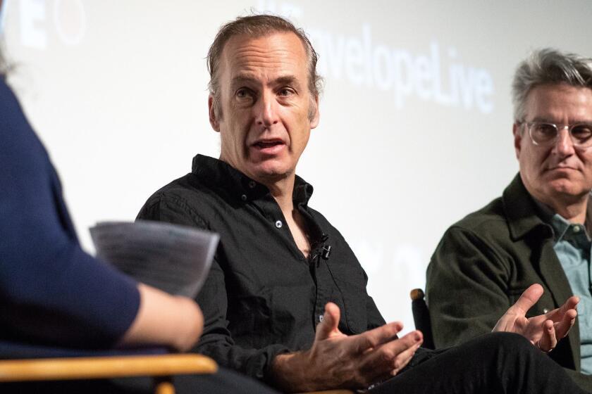 HOLLYWOOD, CA - NOVEMBER 5, 2018: Los Angeles Times writer Yvonne Villarreal moderates a discussion at the LA Times Envelope Live screening of Better Call Saul" at The Montalbán with actor Bob Odenkirk, writer/executive producer Thomas Schnauz and co-creator/executive producer Peter Gould. (Michael Owen Baker / For The Times)