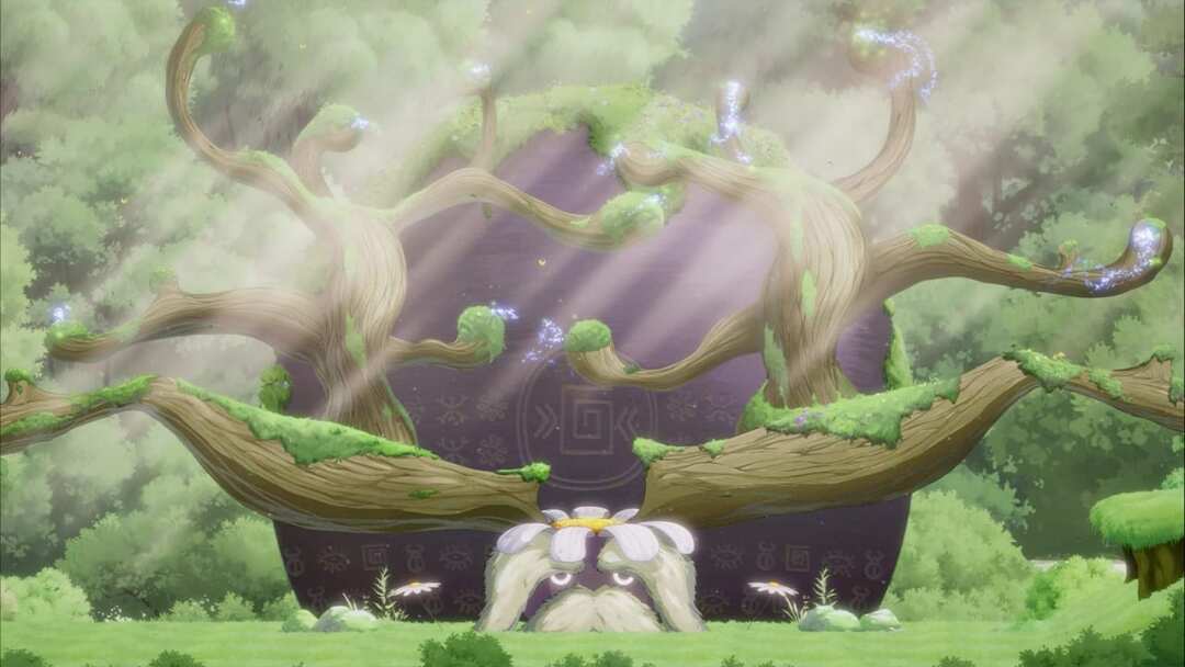 An animal in "Hoa" with a flower on its head in a forest wonderland.