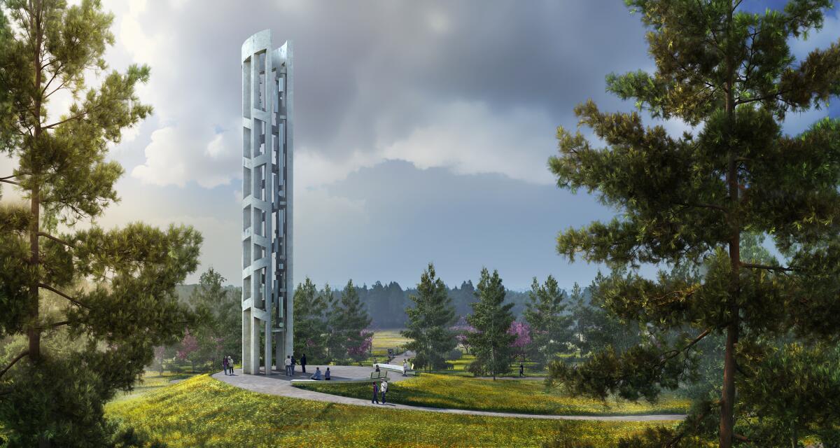A rendering shows the "Tower of Voices" standing amid a tree-studded landscape under cloudy skies.