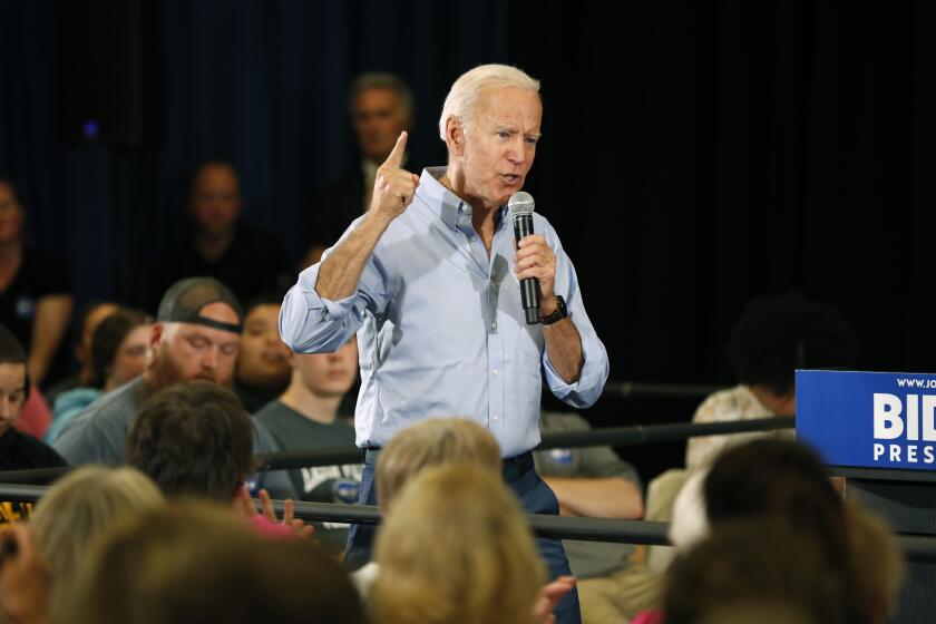FILE - In this June 12, 2019, file photo, Democratic presidential candidate former Vice President Joe Biden speaks at Clinton Community College in Clinton, Iowa. Biden has sat atop the crowded Democratic presidential field from virtually the moment he joined the race. But his recent fumbles on abortion and race are a reminder that early front-runners often face the most intense scrutiny. (AP Photo/Charlie Neibergall, File)
