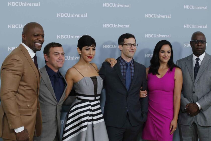 The cast of the NBC series "Brooklyn Nine-Nine" attend the Unequaled NBCUniversal Upfront campaign at Radio City Music Hall on May 14, 2018 in New York. / AFP PHOTO / KENA BETANCURKENA BETANCUR/AFP/Getty Images ** OUTS - ELSENT, FPG, CM - OUTS * NM, PH, VA if sourced by CT, LA or MoD **