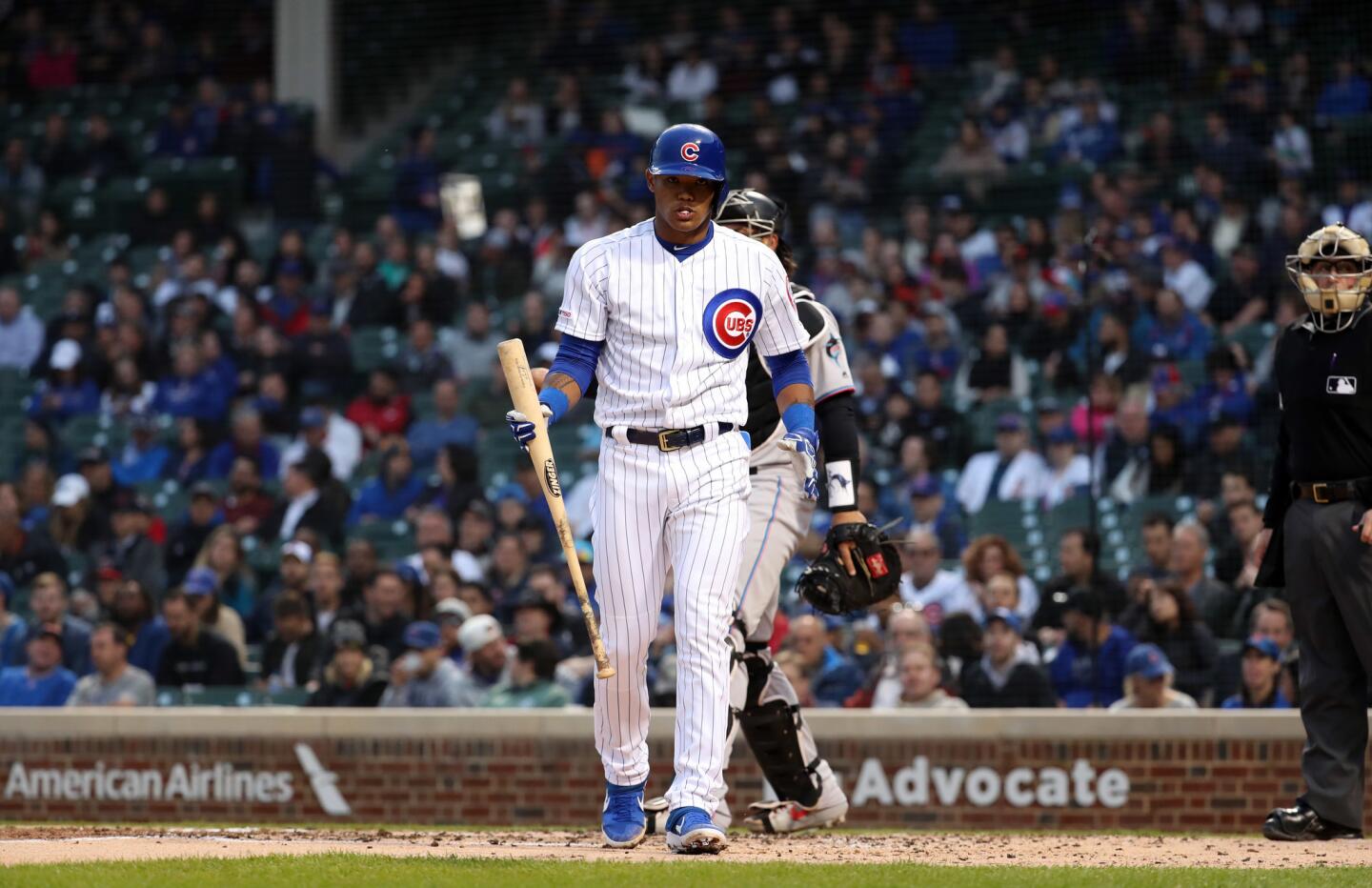 Addison Russell strikes out in the third inning against the Marlins on May 8, 2019, at Wrigley Field.