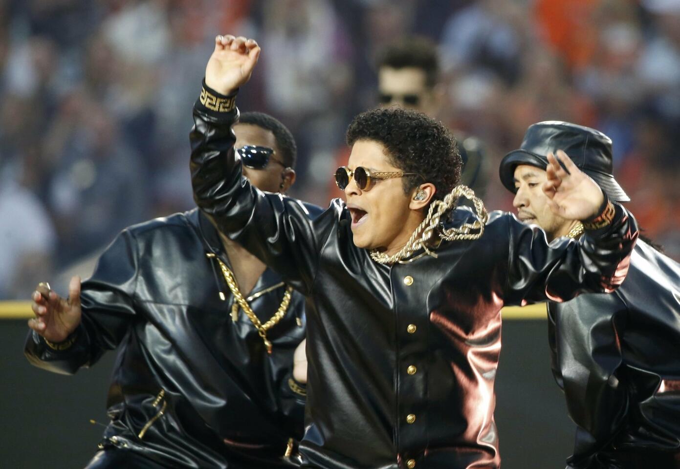 Bruno Mars performs during half-time at the NFL's Super Bowl 50 football game between the Carolina Panthers and the Denver Broncos in Santa Clara. REUTERS/Stephen Lam