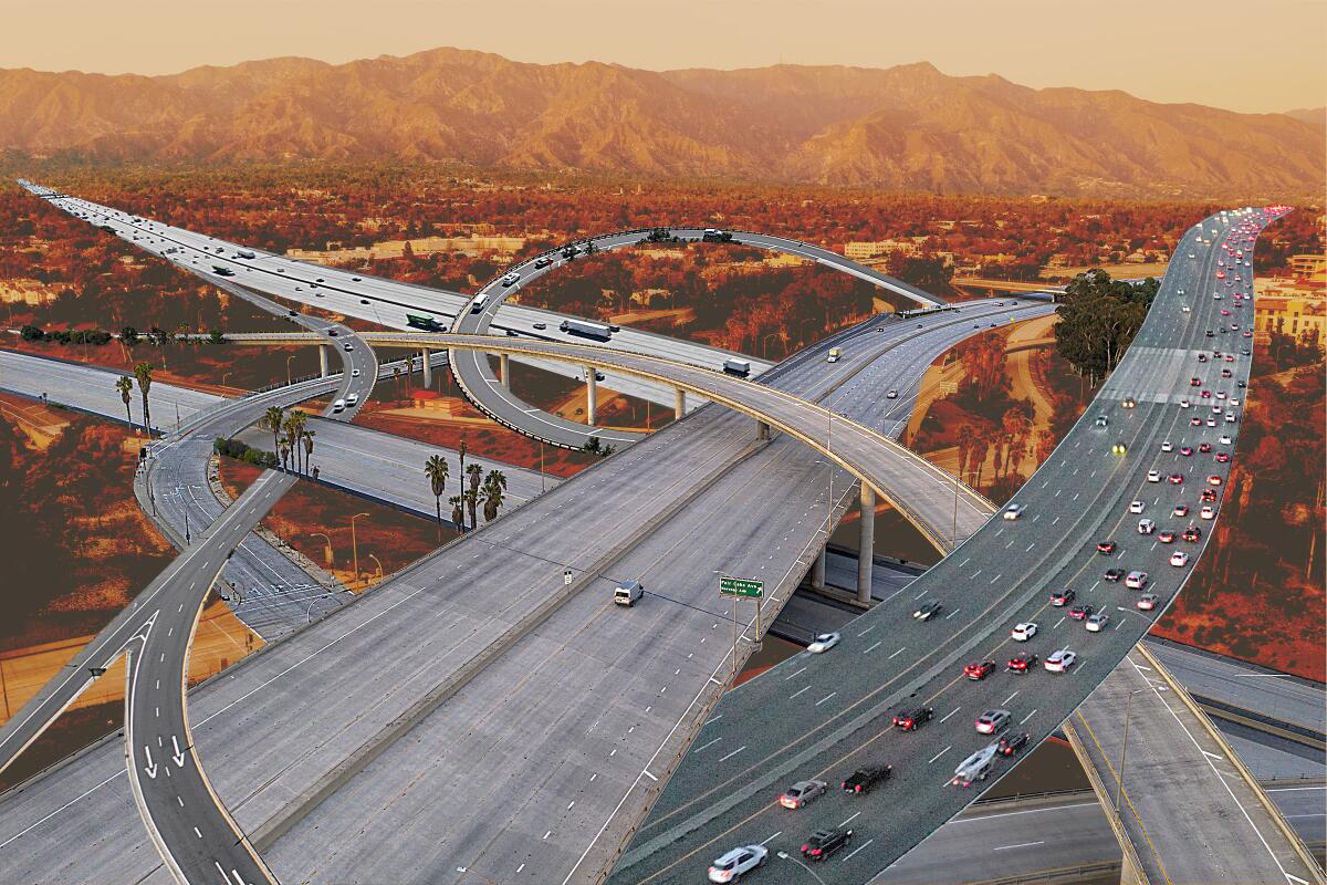 photo illustration of tangled stretches of freeway