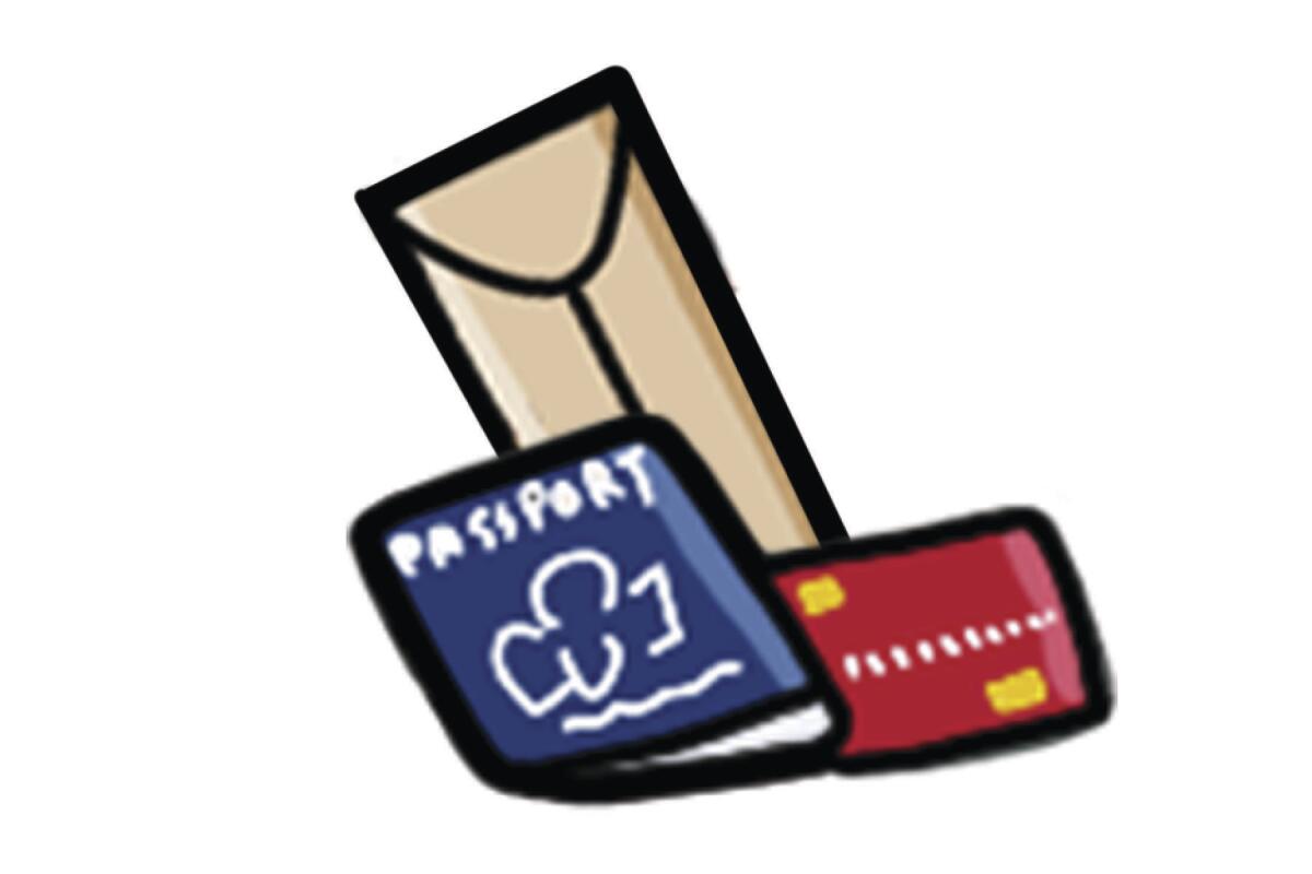 Illustration of a passport, a credit card and an envelope