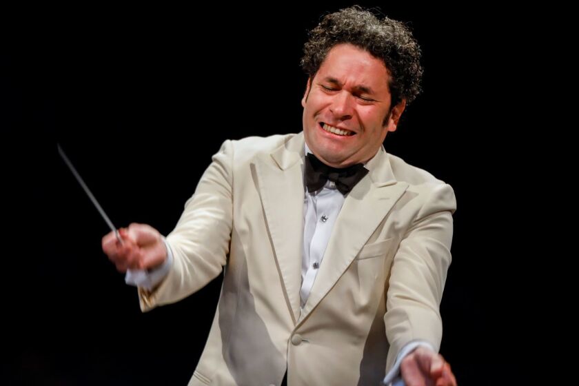 LOS ANGELES,CA --TUESDAY, AUGUST 22, 2017--Conductor Gustavo Dudamel leads "The Planets," with the L.A. Philharmonic, at the Hollywood Bowl, in Los Angeles, CA, Aug. 22, 2017. (Jay L. Clendenin / Los Angeles Times)
