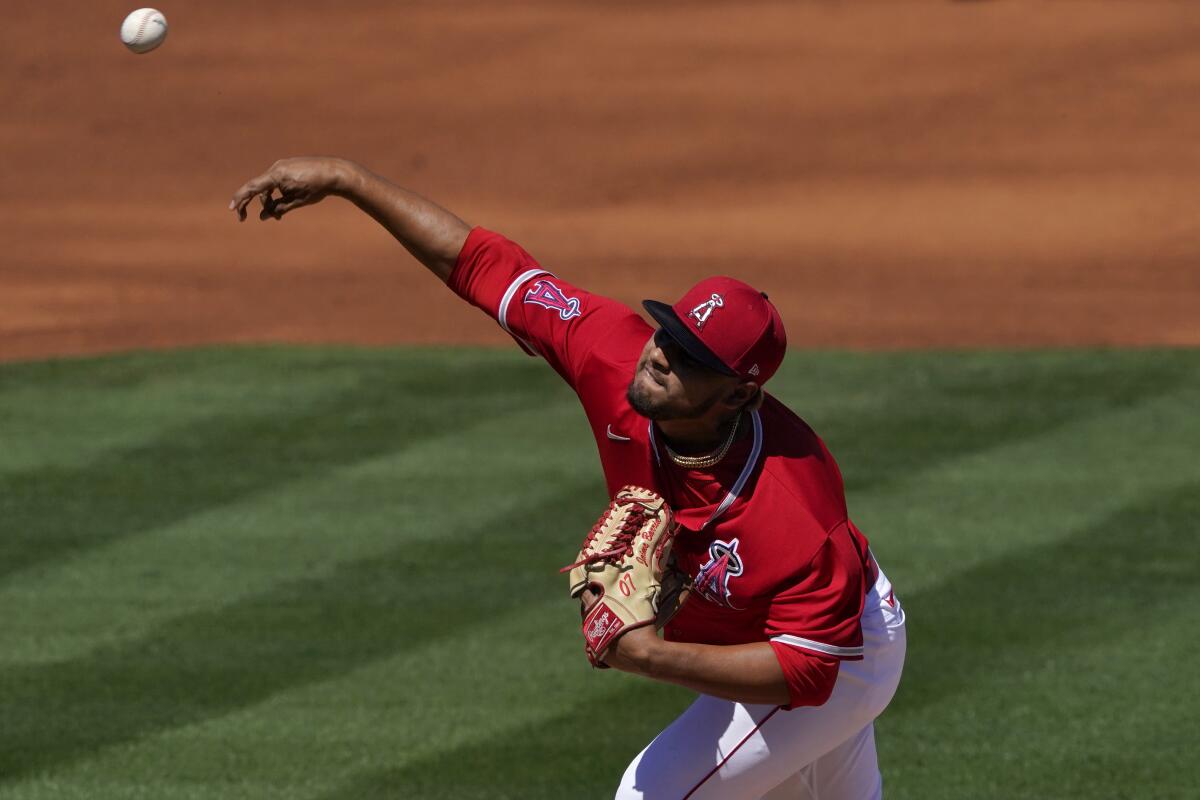 Los Angeles Angels starting pitcher Jaime Barria throws against the Oakland Athletics.