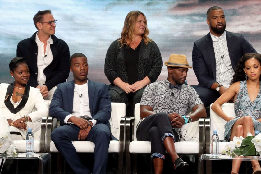 BEVERLY HILLS, CA - AUGUST 06: (Top L-R) Greg Berlanti, April Blair, Spencer Paysinger, (Bottom L-R), Bre-Z, Daniel Ezra, Taye Diggs, and Samantha Logan "All American" speak onstage at the CW Network portion of the Summer 2018 TCA Press Tour at The Beverly Hilton Hotel on August 6, 2018 in Beverly Hills, California. (Photo by Frederick M. Brown/Getty Images) ** OUTS - ELSENT, FPG, CM - OUTS * NM, PH, VA if sourced by CT, LA or MoD **