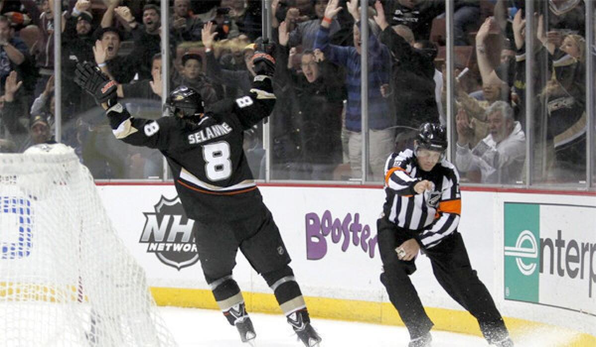 Teemu Selanne scored his 676th career goal and first of his 22nd NHL season in the Ducks' 3-2 win over the Calgary Flames at the Honda Center on Wednesday.