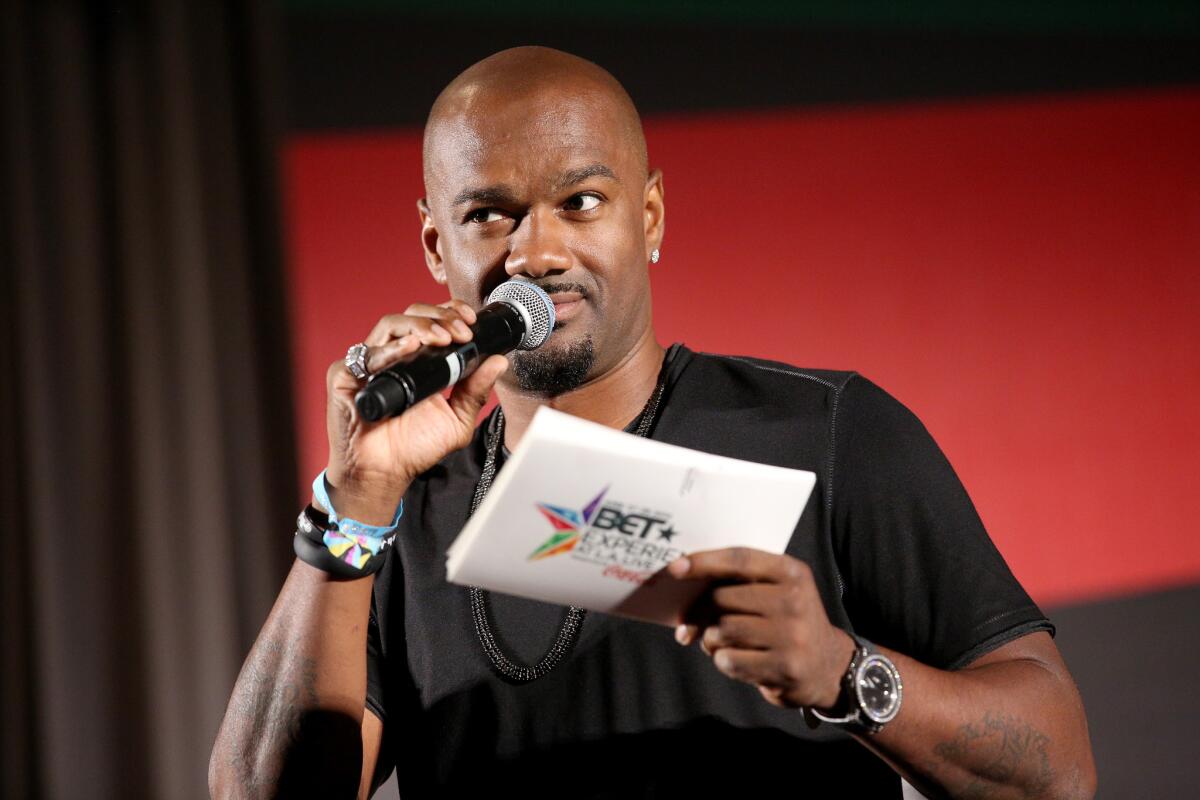 TV personality Big Tigger speaks onstage at the Acoustically Speaking event during the 2014 BET Experience At L.A. Live.