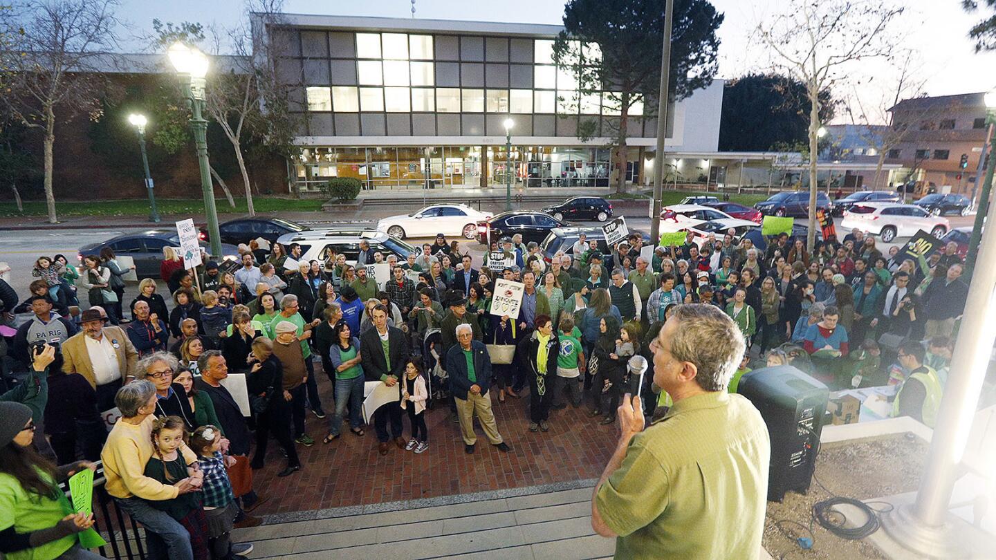 Coalition leader Dan Brotman, in front of a much larger audience than two weeks ago, gives final words before departing for the Council Meeting upstairs at a rally hosted by Glendale Environmental Coalition to oppose expansion of the Grayson Power Plant, on the steps of Glendale City Hall on Tuesday, February 6, 2018.