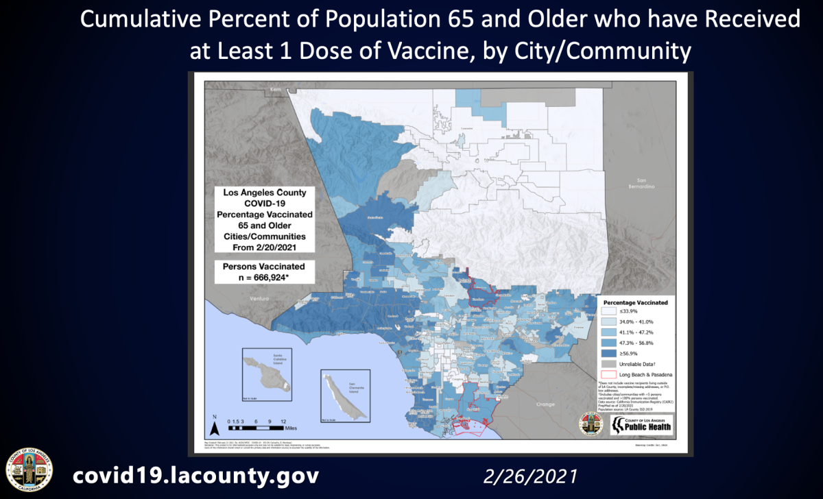 A map shows the rate of vaccination among seniors in L.A. County.