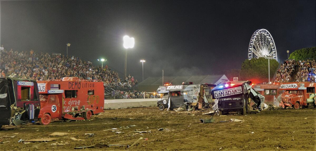 A pile of wreckage is all that remains after a Motorhome Madness demolition derby at the O.C. fairgrounds in 2023. 
