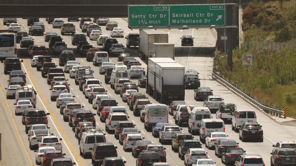 The 405 Freeway traffic in the Sepulveda Pass at midday in August 2018. A new report says L.A. has some of the worst drivers in the nation and that its riskiest road, based on collisions, is the 405.
