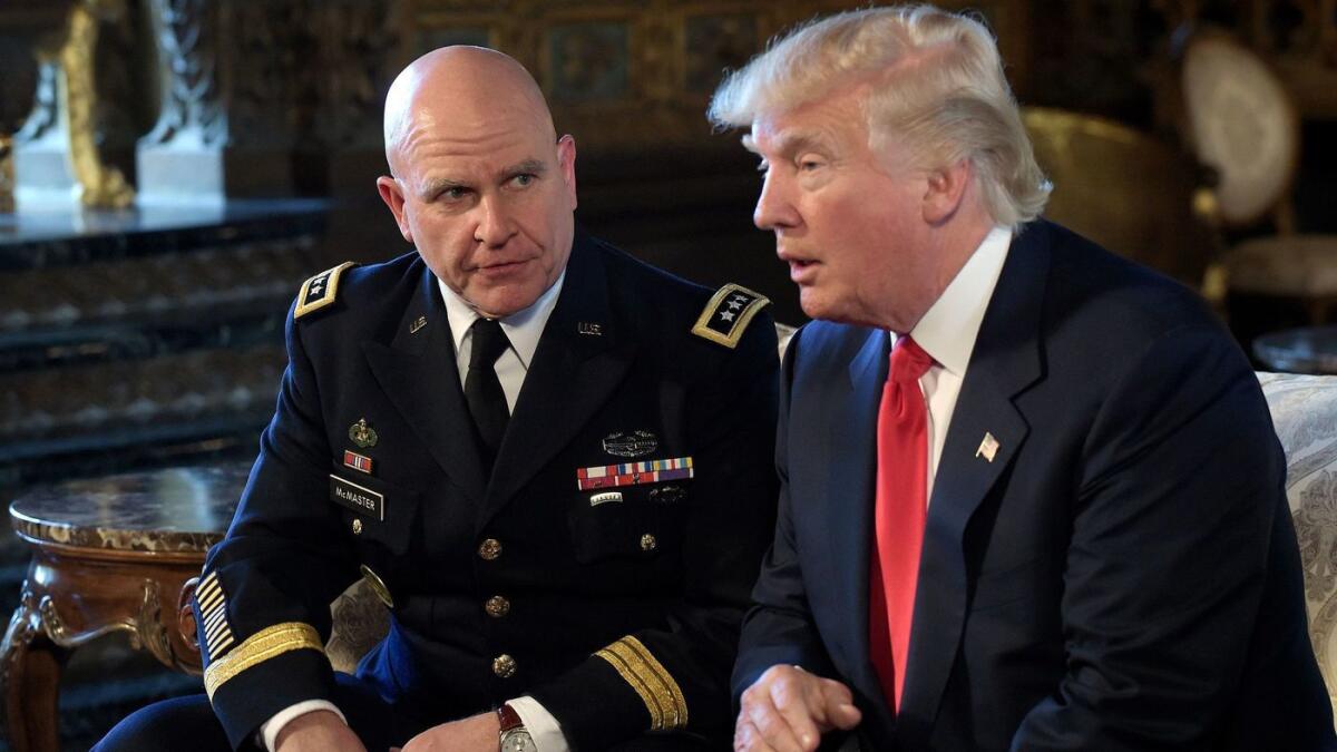 National security advisor H.R. McMaster meets with then-President Trump.