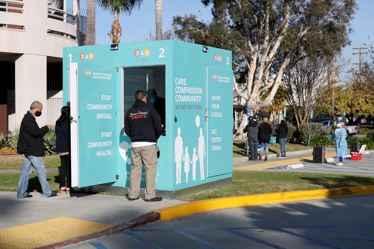 A new walk-up kiosk outside the Costa Mesa Senior Center offers COVID-19 swab tests.
