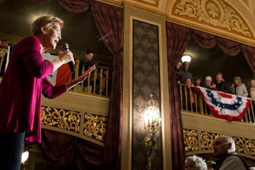 Democratic Sen. Elizabeth Warren of Massachusetts speaks at a campaign event at Orpheum Theatre in Sioux City, Iowa on Saturday, Jan. 5, 2019. Warren is getting a chance to test her skills as a presidential candidate during a trip to Iowa, a key early voting state on the 2020 election calendar. (Justin Wan/Sioux City Journal via AP)