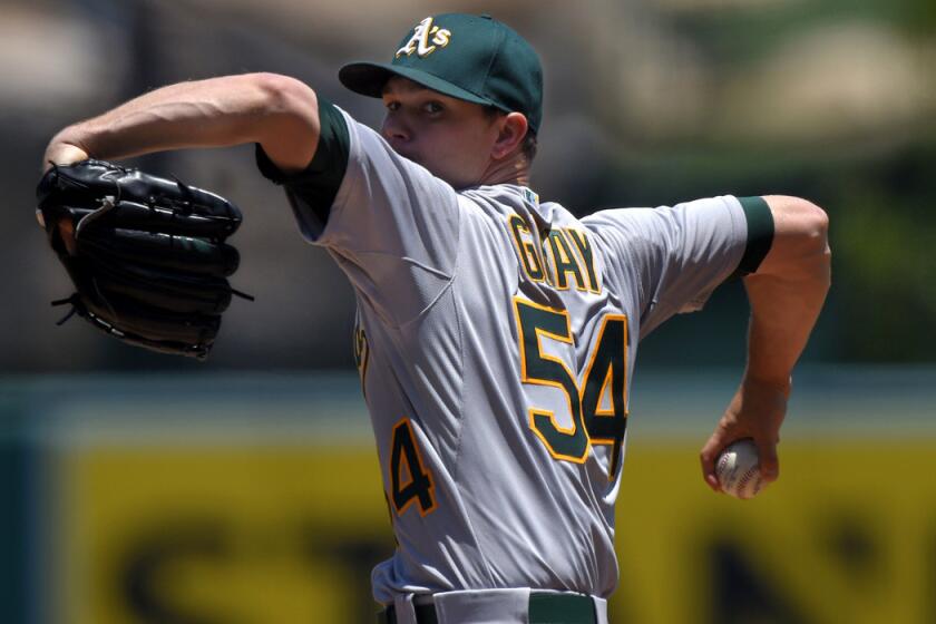 Oakland Athletics starter Sonny Gray pitches during the first inning against the Angels on June 14.