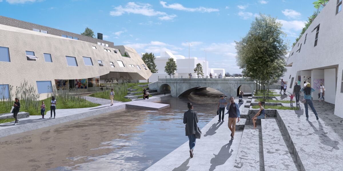 An artist's rendering of people walking and sitting along a canal with long buildings on both sides.