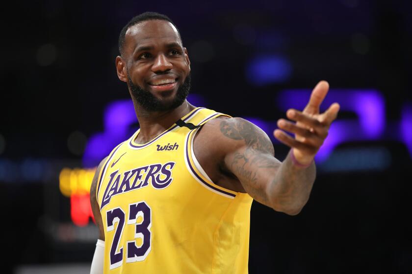 LOS ANGELES, CALIFORNIA - JANUARY 07: LeBron James #23 of the Los Angeles Lakers looks on during the second half of a game against the New York Knicks at Staples Center on January 07, 2020 in Los Angeles, California. NOTE TO USER: User expressly acknowledges and agrees that, by downloading and/or using this photograph, user is consenting to the terms and conditions of the Getty Images License Agreement (Photo by Sean M. Haffey/Getty Images)