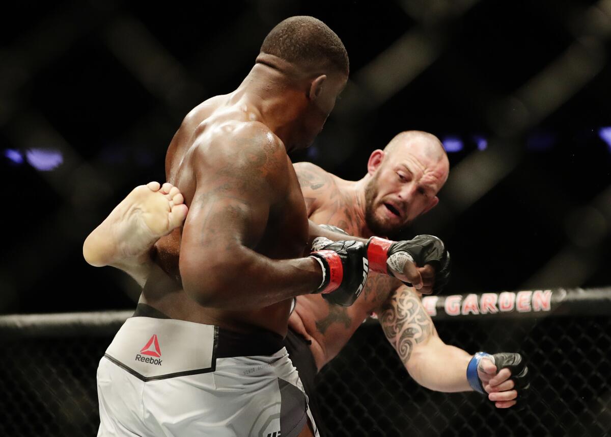 Mark Godbeer lands a kick Walt Harris during a heavyweight fight at UFC 217.