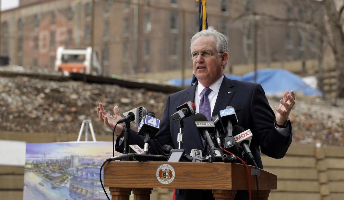 Missouri Gov. Jay Nixon addresses reporters during a news conference on Feb. 10 regarding a potential site for a new NFL stadium in St. Louis.