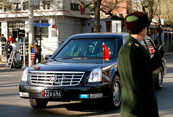 President Obama's limo passes through Beijing, where Obama was meeting with China's Hu Jintao.