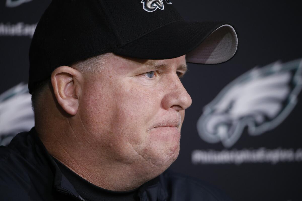Philadelphia Eagles Coach Chip Kelly listens to a question during a news conference on Monday.