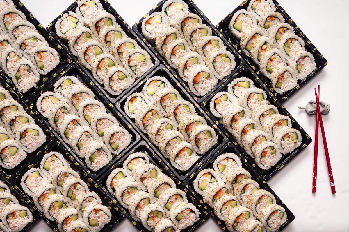 Trays of the ultimate California roll at Yama Seafood