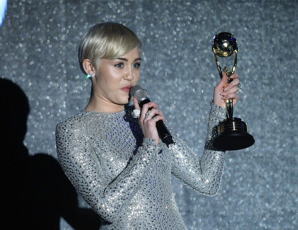 Miley Cyrus is honored at the World Music Awards in Monaco last Tuesday. Her stolen Maserati was recovered Monday in Simi Valley, Los Angeles police said.