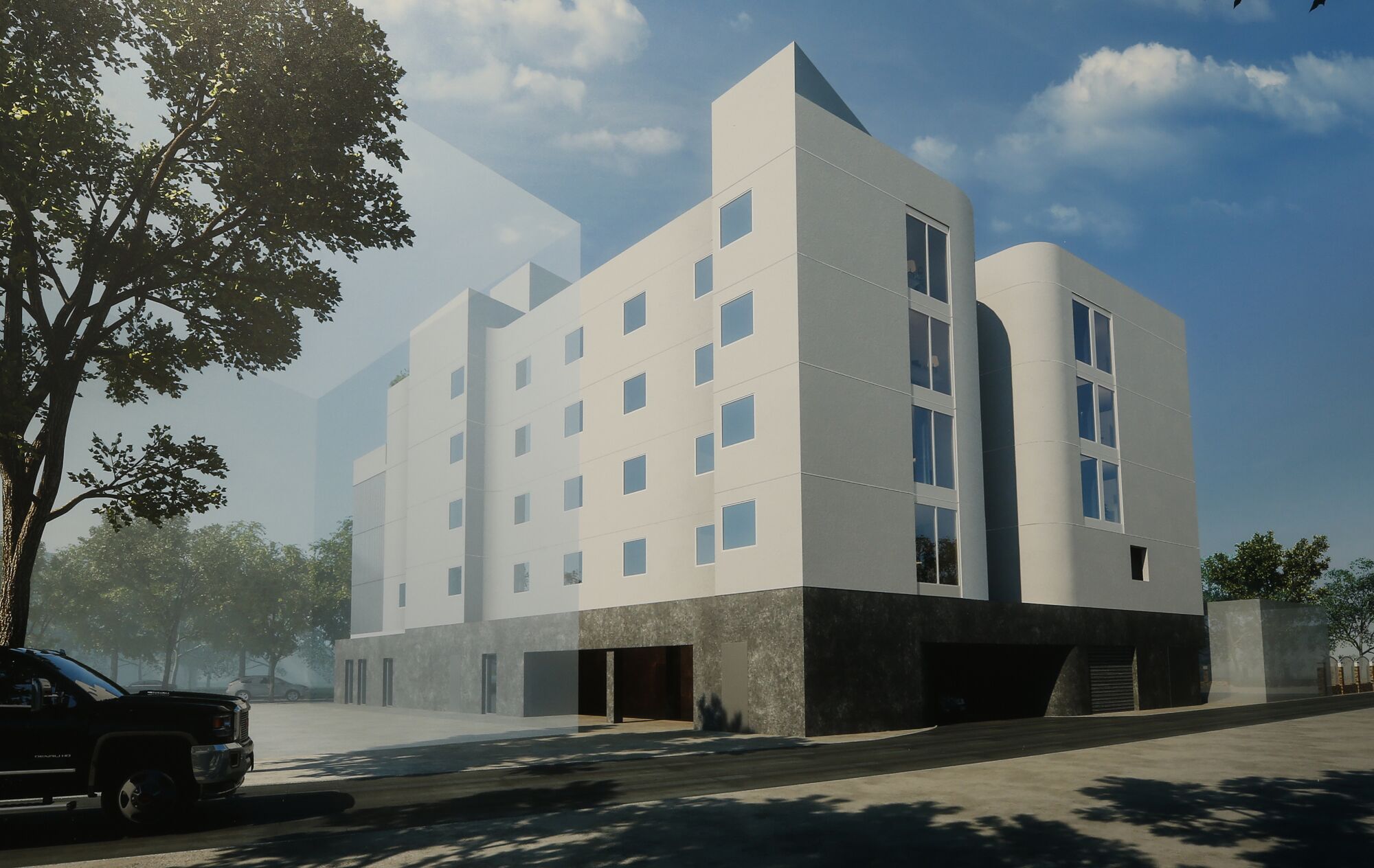  Artist rendering of a proposed five-story permanent supportive housing development 
